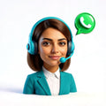 Animated character wearing a teal headset with a WhatsApp icon above, on a white background