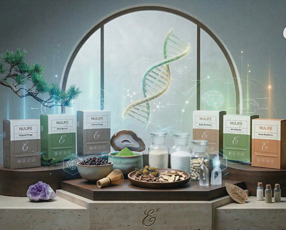 Display of NULIFE products with a futuristic design element in the background