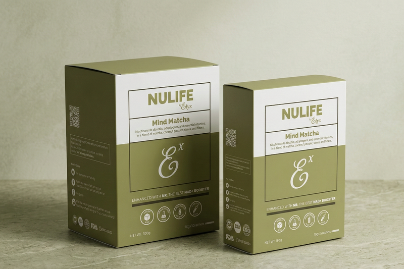 Two NULIFE Mind Matcha boxes on a stone surface with a neutral background