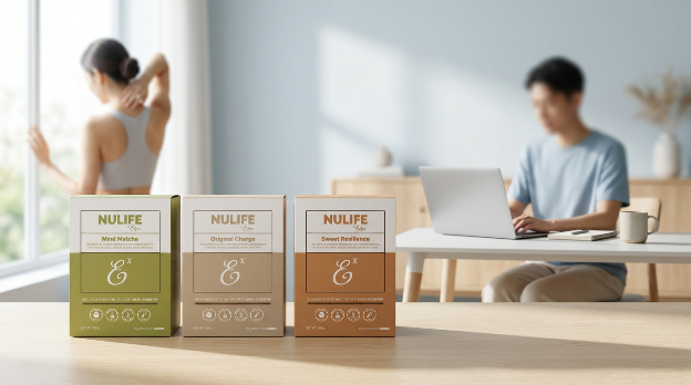 Three NULIFE product boxes on a table with a blurred background of a woman stretching and a man using a laptop.