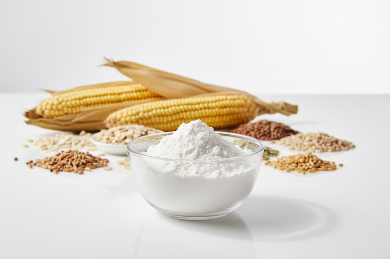 Fine white dietary fiber powder in a clear glass bowl, natural grains and corn stalks in the background, clean and balanced composition symbolizing digestion and steady energy