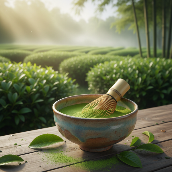 Vibrant green matcha powder in a handcrafted bowl, fresh green tea leaves growing on tea plants in the background, soft morning light suggesting clean sustained energy and focus, natural Japanese tea garden atmosphere. square